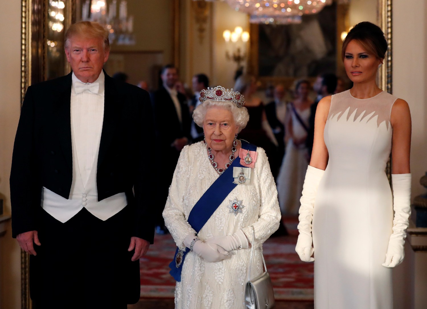 U.S. President Donald Trump, First Lady Melania Trump and Britain's Queen Elizabeth pose at the State Banquet at Buckingham Palace in London, Britain June 3, 2019. Alastair Grant/Pool via REUTERS - RC19A2509000