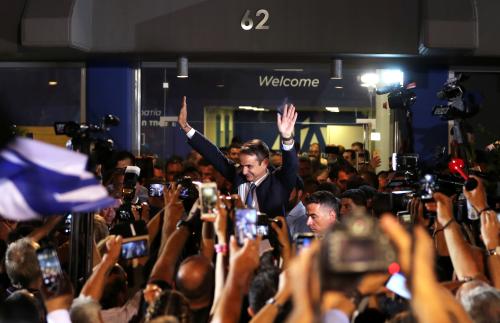 New Democracy conservative party leader Kyriakos Mitsotakis waves as he speaks outside party's headquarters, after the general election in Athens, Greece, July 7, 2019. REUTERS/Alkis Konstantinidis - RC1775C72E00