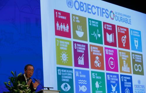 United Nations Secretary-General Ban Ki-Moon addresses the Annual Conference of Swiss Developement Cooperation in Zurich, Switzerland January 22, 2016. On the screen behind are displayed the 17 goals of UN's 2030 Agenda for Sustainable Development.    REUTERS/Arnd Wiegmann - LR1EC1M141E1G