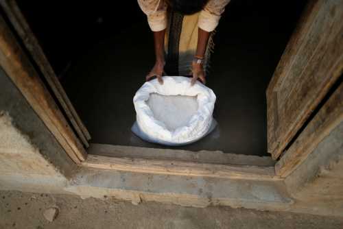 A man displays a sack of wheat flour at his home in the village of al-Jaraib in the northwestern province of Hajjah, Yemen, February 19, 2019. REUTERS/Khaled Abdullah   SEARCH "YEMEN HUNGER" FOR THIS STORY. SEARCH "WIDER IMAGE" FOR ALL STORIES. - RC1D5D6EA590