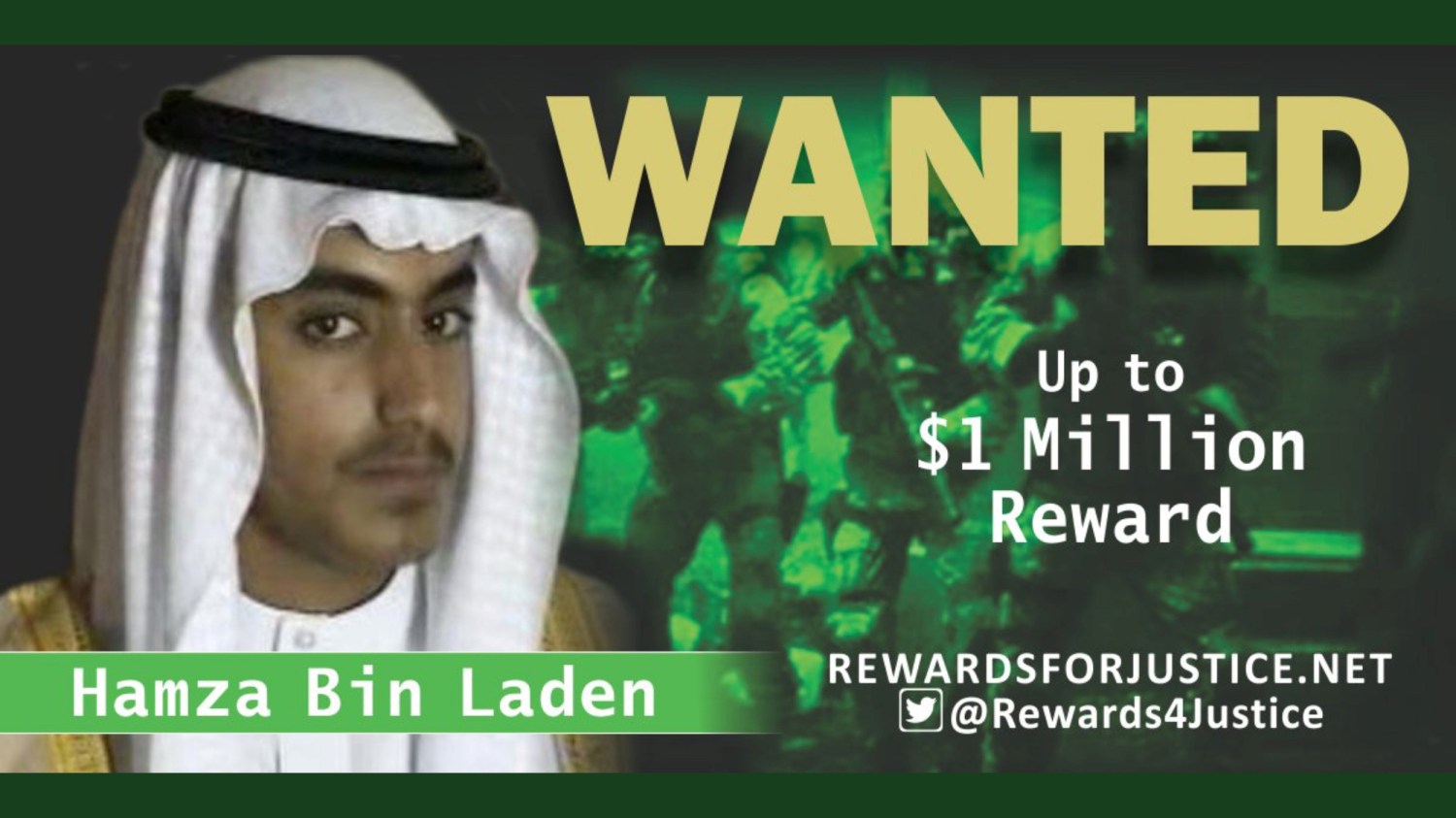 A photograph circulated by the U.S. State Departments Twitter account to announce a $1 million USD reward for al Qaeda key leader Hamza bin Laden, son of Osama bin Laden, is seen March 1, 2019. State Department/Handout via REUTERS     ATTENTION EDITORS - THIS IMAGE WAS PROVIDED BY A THIRD PARTY. - RC19395BB9E0