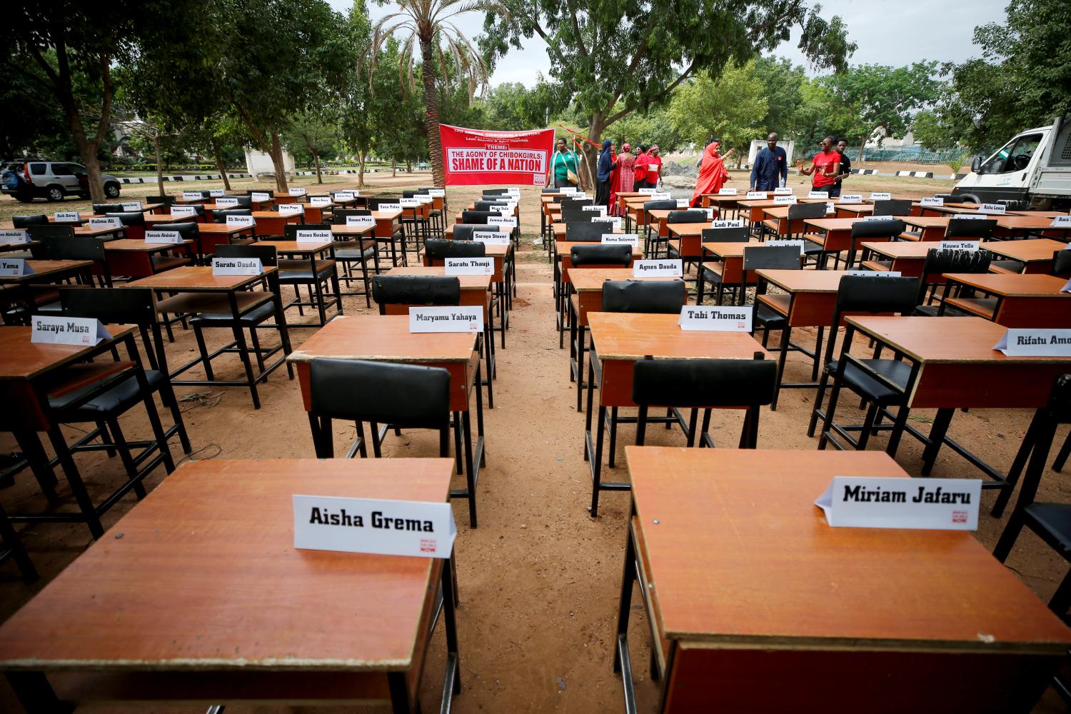 Names of missing Chibok school girls kidnapped by Boko Haram insurgency five years ago are displayed during the 5th year anniversary of their abduction, in Abuja, Nigeria April 14, 2019. REUTERS/Afolabi Sotunde - RC19E45DE390