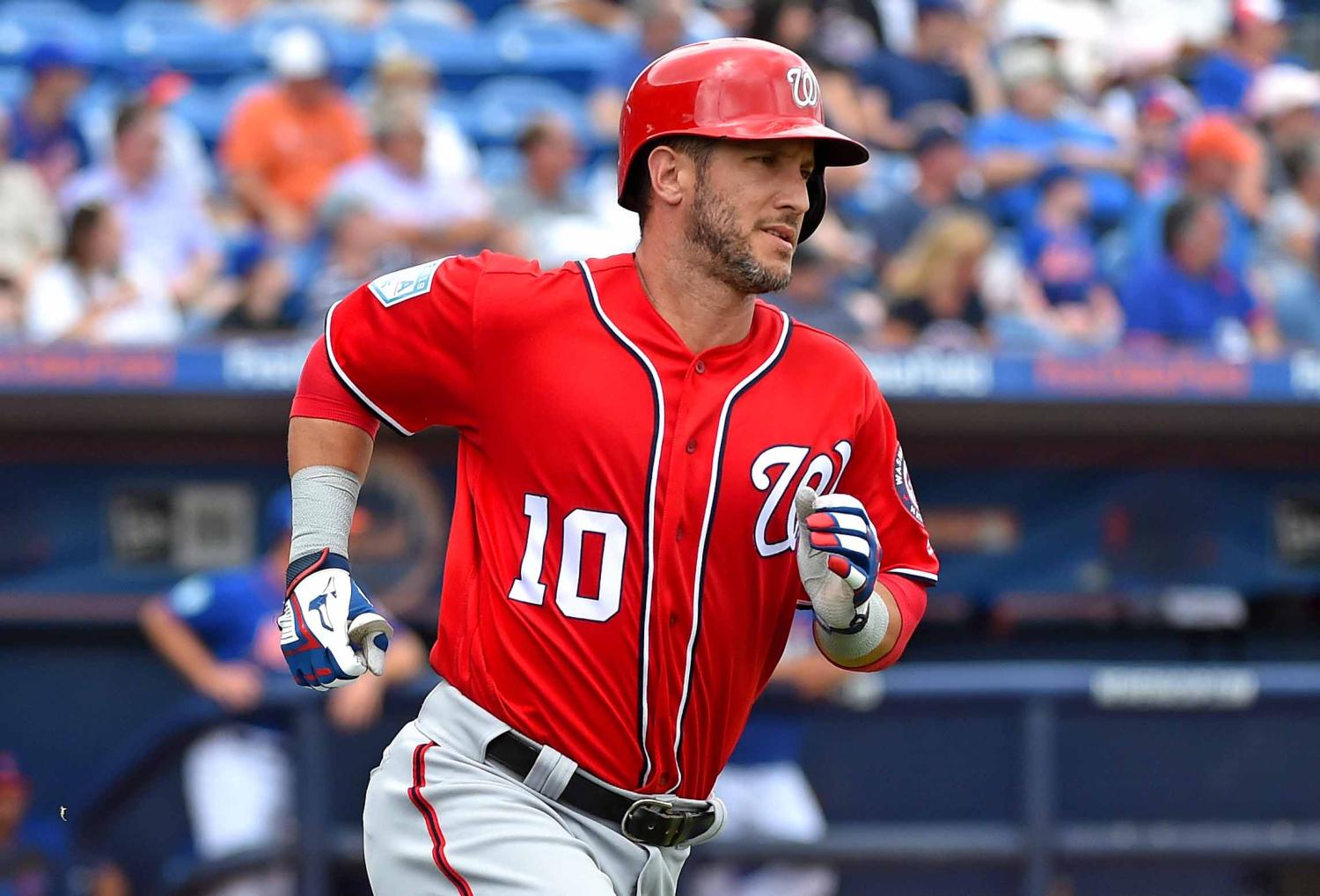 Mar 15, 2019; Port St. Lucie, FL, USA; Washington Nationals catcher Yan Gomes (10) rounds the bases after connecting for a three run homer during a spring training game against the New York Mets at First Data Field. Mandatory Credit: Steve Mitchell-USA TODAY Sports - 12352962