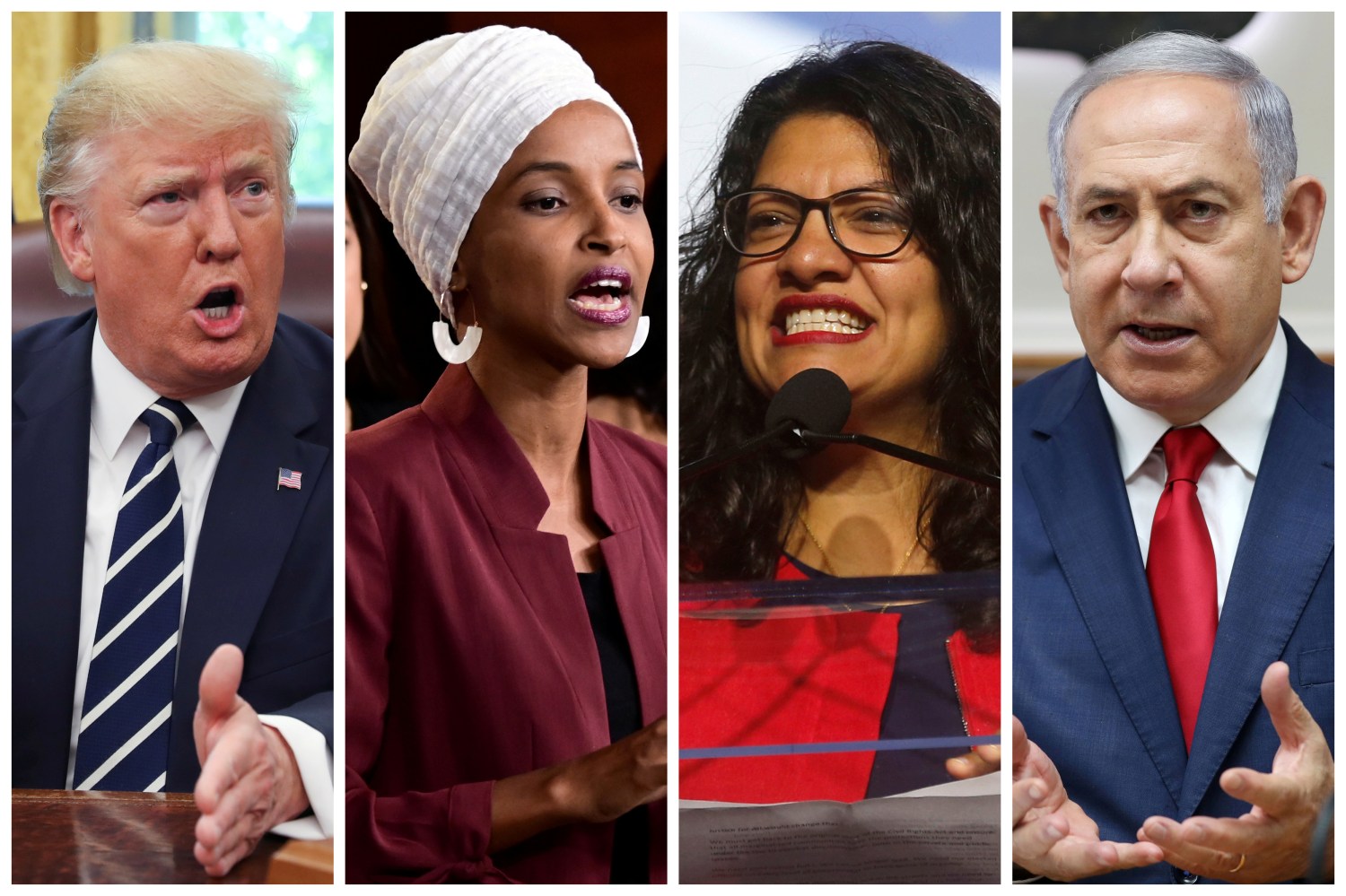 U.S. President Donald Trump, U.S. Congresswomen Ilhan Omar, Rashida Tlaib, and Prime Minister Benjamin Netanyahu are seen in a combination from file photos.  REUTERS/File Photos - RC166537AA60