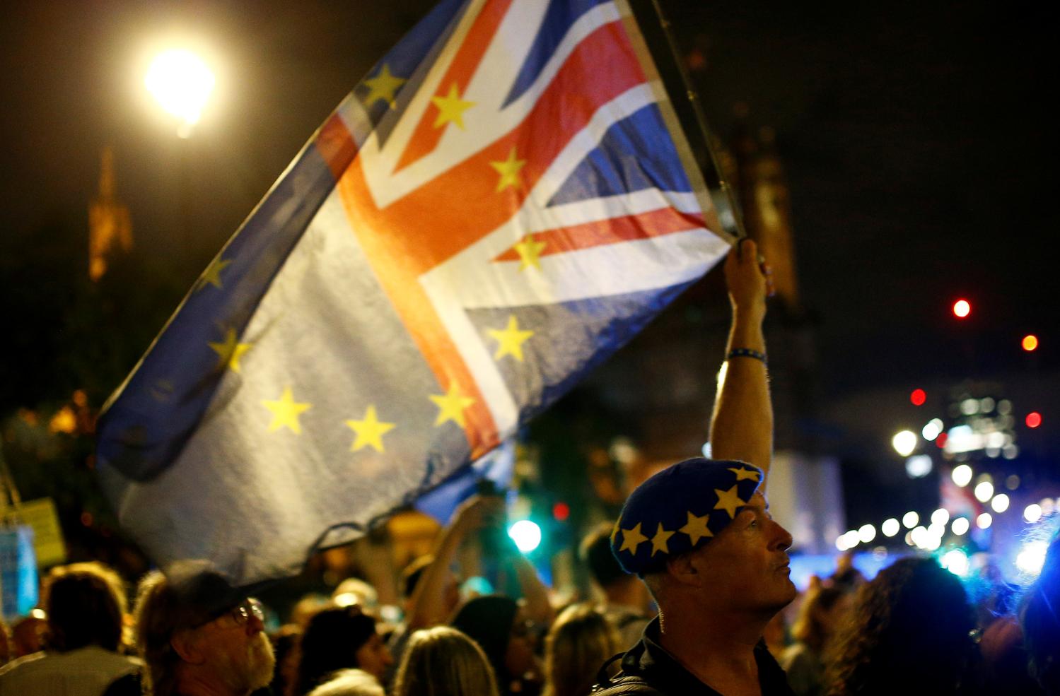 An anti-Brexit protestor holds a flag outside the Houses of Parliament in London, Britain August 28, 2019. REUTERS/Henry Nicholls - RC1FF3EA95D0