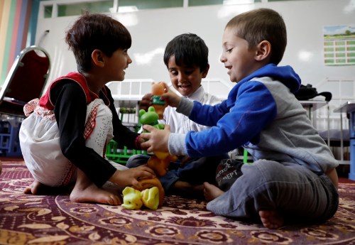 Afghan children play at a day care center at the Ministry of Communications and Information Technology (MCIT) in Kabul, Afghanistan May 8, 2019. Picture taken May 8, 2019. REUTERS/Omar Sobhani - RC18644D3380