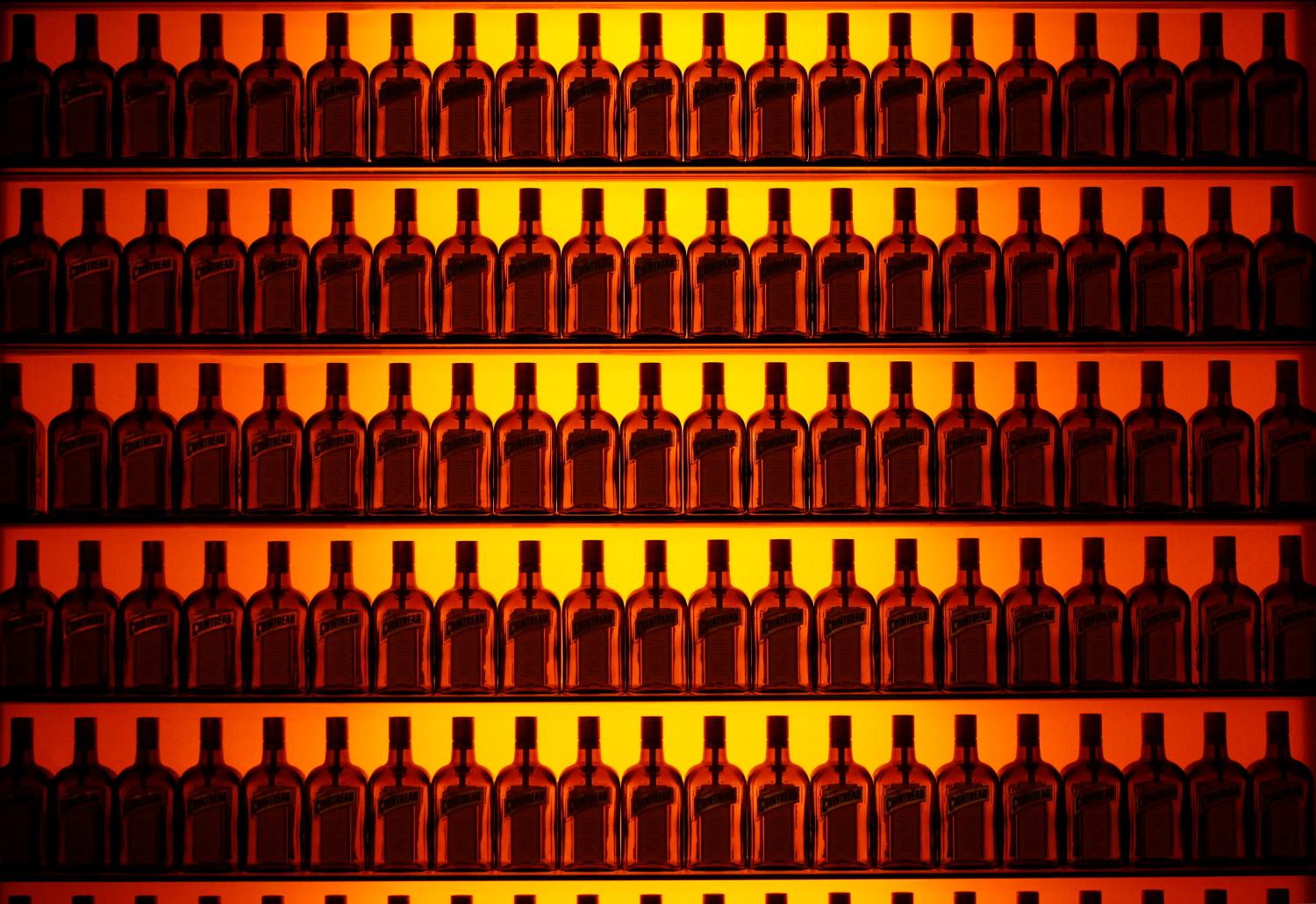 Bottles of Cointreau, the orange-flavoured triple sec liqueur, are displayed at the Carre Cointreau in the Cointreau distillery in Saint-Barthelemy-d'Anjou near Angers, France, February 8, 2019. REUTERS/Stephane Mahe - RC1EDD102B00