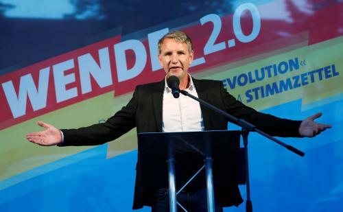 Thuringia's Alternative for Germany (AfD) leader Bjoern Hoecke speaks during an election campaign event ahead of the upcoming Brandenburg and Saxony state elections in Koenigs Wusterhausen, Germany August 30, 2019. REUTERS/Michele Tantussi - RC145F039280