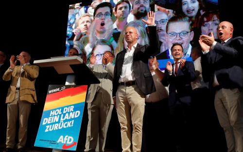 Alternative for Germany (AfD) top candidate for the Brandenburg election Andreas Kalbitz reacts for the first exit polls for the Brandenburg state election in Werder, Germany, September 1, 2019.     REUTERS/Axel Schmidt - RC12A232B130