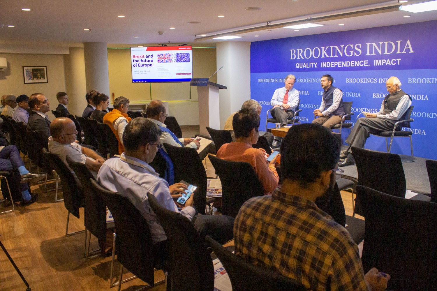 Sir Oliver Letwin, Conservative Member of Parliament for West Dorset, Dr. Constantino Xavier, Fellow, Foreign Policy, Brookings India and   Ambassador Ranjan Mathai, former Indian Foreign Secretary (2011–2013) and High Commissioner to the United Kingdom (2013–2015) at an event on Brexit
