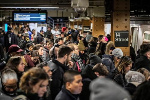 Commuters ride the L train during the rush hour in New York, U.S. January 14, 2019. REUTERS/Jeenah Moon - RC198B7B5E30