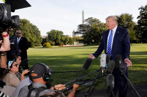 U.S. President Donald Trump speaks with reporters on the South Lawn of the White House in Washington, U.S., before his departure to Camp David, August 30, 2019. REUTERS/Yuri Gripas - RC1574057F20