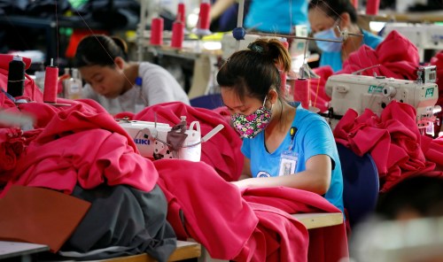 Women work at a garment factory in Thai Binh province, Vietnam.