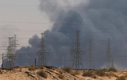 Smoke is seen following a fire at an Aramco factory in Abqaiq, Saudi Arabia, September 14, 2019. REUTERS/Stringer - RC14425449E0