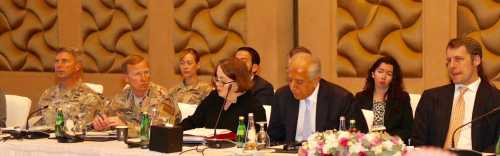 Undated handout picture of U.S., Taliban and Qatar officials during a meeting for peace talks in Doha, Qatar. Qatari Foreign Ministry/Handout via REUTERS ATTENTION EDITORS - THIS PICTURE WAS PROVIDED BY A THIRD PARTY. - RC1854A34E10