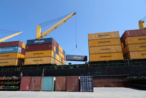 A ship transports empty containers at the seaport of Benghazi, Libya August 28, 2019. Picture taken August 28, 2019.  REUTERS/Esam Omran Al-Fetori - RC1399D965E0