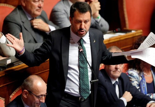 Italian Deputy PM Matteo Salvini gestures as he speaks during a session of the upper house of parliament over the ongoing government crisis, in Rome, Italy August 20, 2019. REUTERS/Yara Nardi - RC14DDC4F310