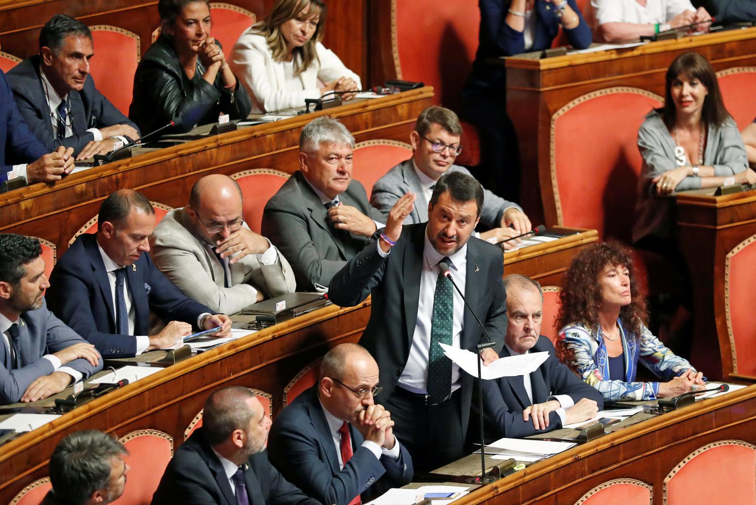 Italian Deputy PM Matteo Salvini gestures as he speaks during a session of the upper house of parliament over the ongoing government crisis, in Rome, Italy August 20, 2019. REUTERS/Yara Nardi - RC17917225D0