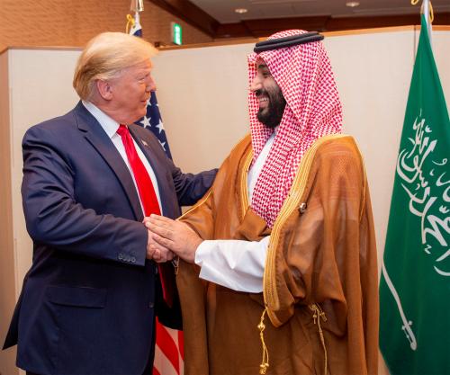 Saudi Arabia's Crown Prince Mohammed bin Salman shakes hands with U.S. President Donald Trump, at the G20 leaders summit in Osaka, Japan, June 29, 2019. Bandar Algaloud/Courtesy of Saudi Royal Court/Handout via REUTERS ATTENTION EDITORS - THIS PICTURE WAS PROVIDED BY A THIRD PARTY. - RC15CC524510