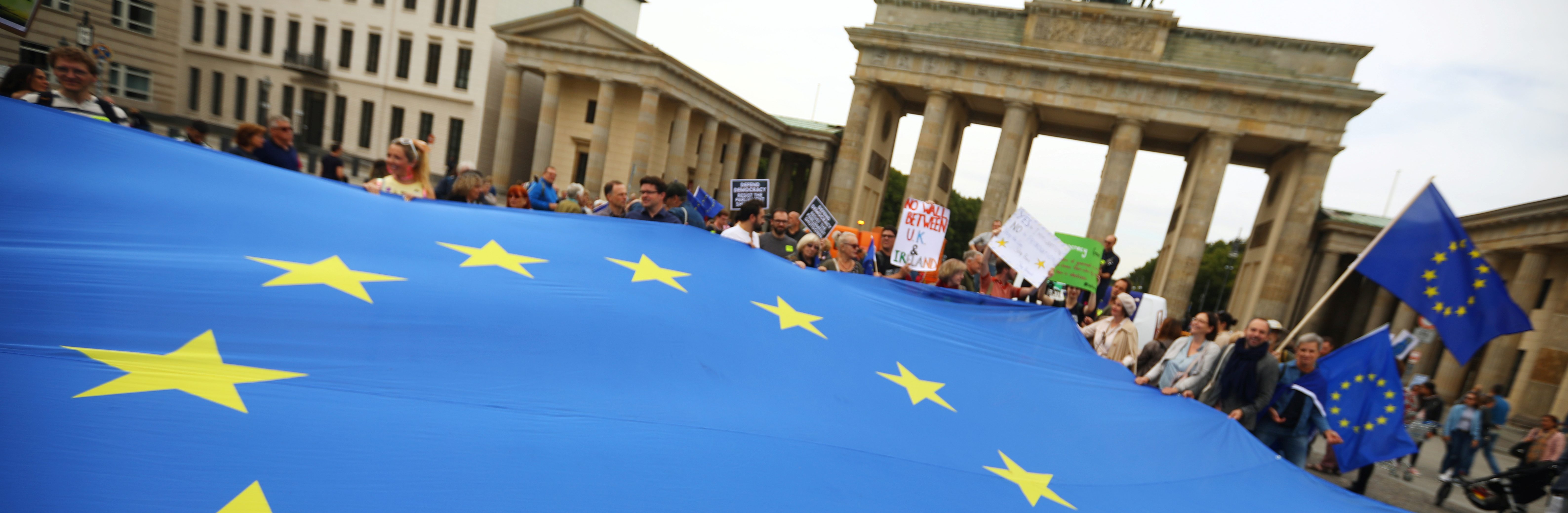 Protests in Berlin against U.K. Prime Minister Boris Johnson's Brexit-motivated suspension of the British Parliament, September 7, 2019. (Hannibal Hanschke/Reuters)