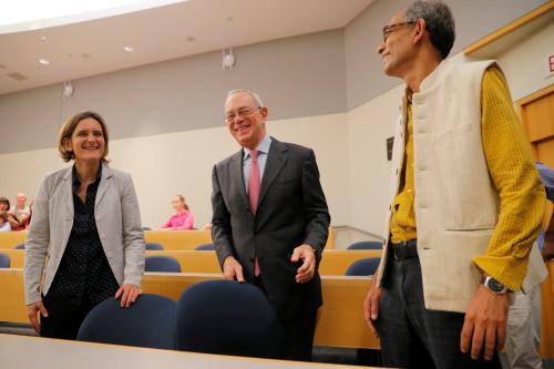 Abhijit Banerjee and Esther Duflo, two of the three winners of the 2019 Nobel Prize in Economics, are joined by MIT President Rafael Reif at news conference at the Massachusetts Institute of Technology in Cambridge, Massachusetts, U.S., October 14, 2019.     REUTERS/Brian Snyder - RC1F716AFFB0