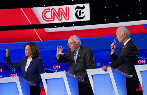 Democratic presidential candidate Senator Bernie Sanders speaks as Senator Kamala Harris and former Vice President Joe Biden listen during the fourth U.S. Democratic presidential candidates 2020 election debate in Westerville, Ohio, U.S., October 15, 2019. REUTERS/Shannon Stapleton - HP1EFAG05F29M