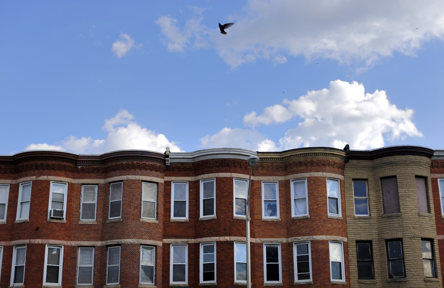 A bird flies over an apartment building along North Avenue in Baltimore, Maryland May 2, 2015. Thousands of people took to the streets of Baltimore on Saturday as anger over the death of young black man Freddie Gray turned to hopes for change following swift criminal charges against six police officers. REUTERS/Carlos Barria - GF10000082067