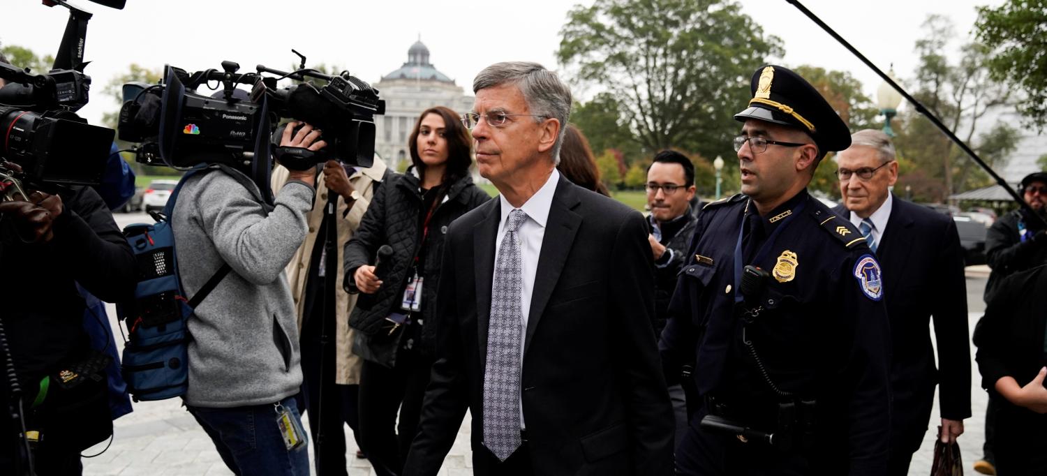 Acting U.S. ambassador to Ukraine Bill Taylor arrives to testify at a closed-door deposition as part of the U.S. House of Representatives impeachment inquiry led by the House Intelligence, House Foreign Affairs and House Oversight and Reform Committees on Capitol Hill in Washington, U.S., October 22, 2019. REUTERS/Carlos Jasso - RC1225F461D0