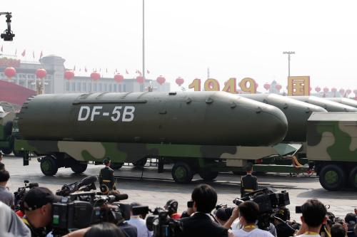 Military vehicles carrying DF-5B intercontinental ballistic missiles travel past Tiananmen Square during the military parade marking the 70th founding anniversary of People's Republic of China, on its National Day in Beijing, China October 1, 2019. - SP1EFA10JHH15