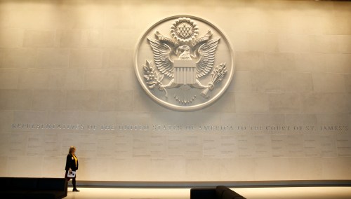 The main lobby entrance with a large Department of State embossed seal, along with all the names of the ambassadors to the Court of St James's is seen in the new United States embassy building is seen during a press preview near the River Thames in London, Britain December 13, 2017. REUTERS/Alastair Grant/Pool - RC17F3438B20