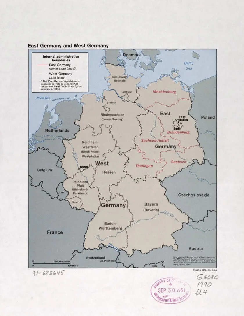 A pre-unification CIA map shows the division between East and West Germany. (Library of Congress)