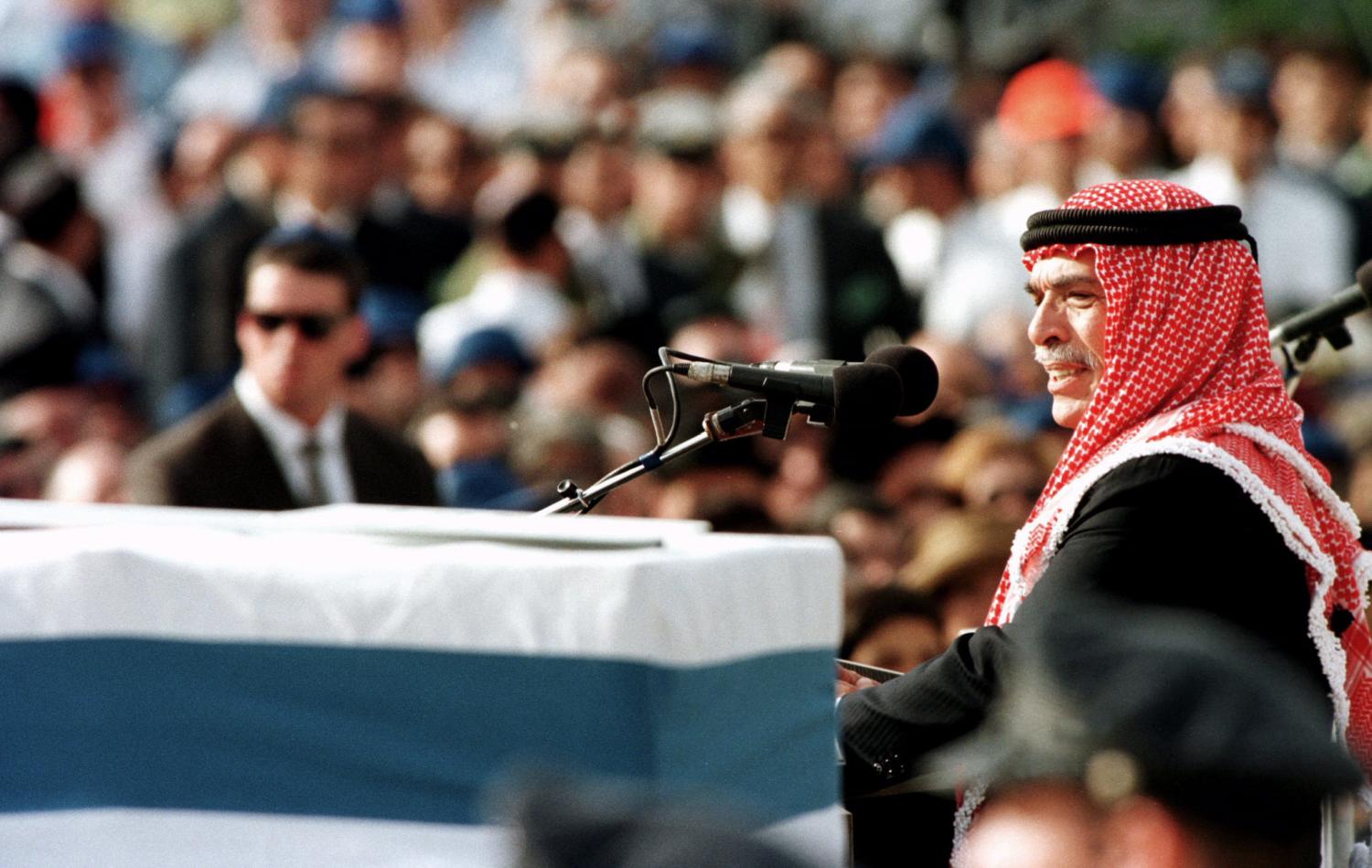 King Hussein of Jordan eulogizes Prime Minister Yitzhak Rabin over the coffin of the slain Israeli leader during the funeral service November 6 - PBEAHUNEPDF