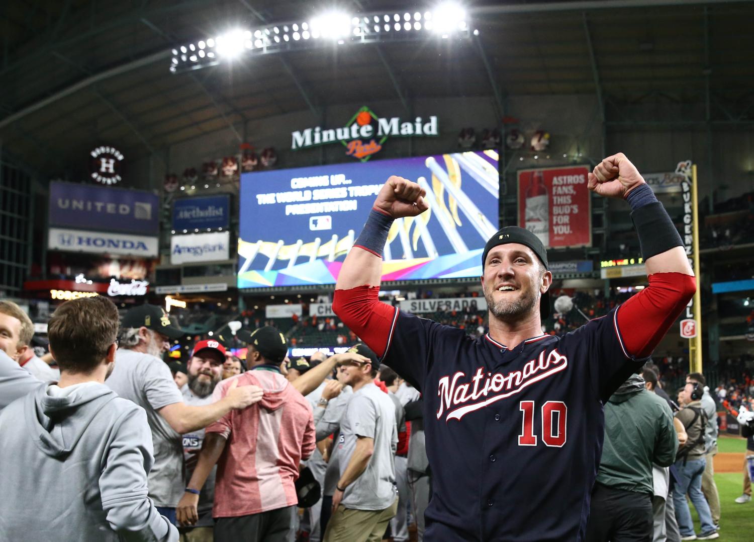 Oct 30, 2019; Houston, TX, USA; Washington Nationals catcher Yan Gomes (10) celebrates after defeating the Houston Astros in game seven of the 2019 World Series at Minute Maid Park. The Washington Nationals won the World Series winning four games to three.  Mandatory Credit: Troy Taormina-USA TODAY Sports - 13596382