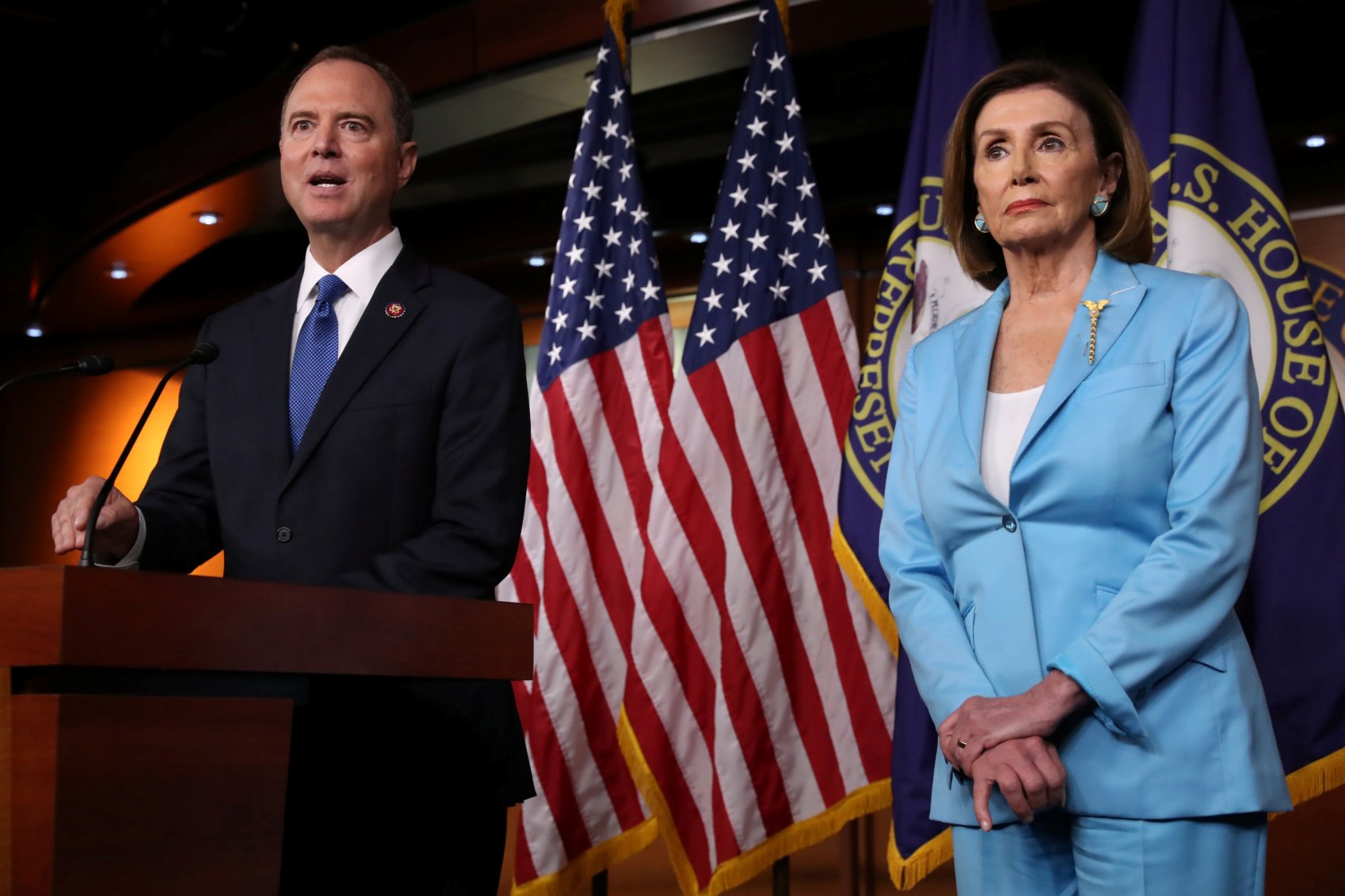 U.S. House Intelligence Committee Chairman Adam Schiff (D-CA) joins Speaker of the House Nancy Pelosi to speak about Democratic legislative priorities and impeachment inquiry plans during her weekly news conference at the U.S. Capitol in Washington, U.S., October 2, 2019. REUTERS/Jonathan Ernst - RC198FE9B500