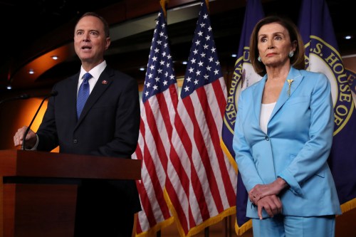 U.S. House Intelligence Committee Chairman Adam Schiff (D-CA) joins Speaker of the House Nancy Pelosi to speak about Democratic legislative priorities and impeachment inquiry plans during her weekly news conference at the U.S. Capitol in Washington, U.S., October 2, 2019. REUTERS/Jonathan Ernst - RC198FE9B500