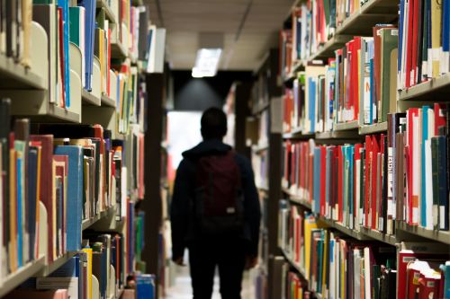 A student stands in a library facing away.