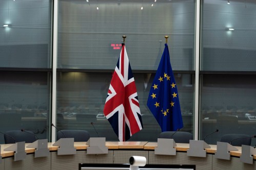 British Union Jack and EU flags are pictured before the meeting with Britain's Brexit Secretary Stephen Barclay and European Union's chief Brexit negotiator Michel Barnier at the EU Commission headquarters in Brussels, Belgium, September 20, 2019.   Kenzo Tribouillard/Pool via REUTERS - RC11CD6EA940