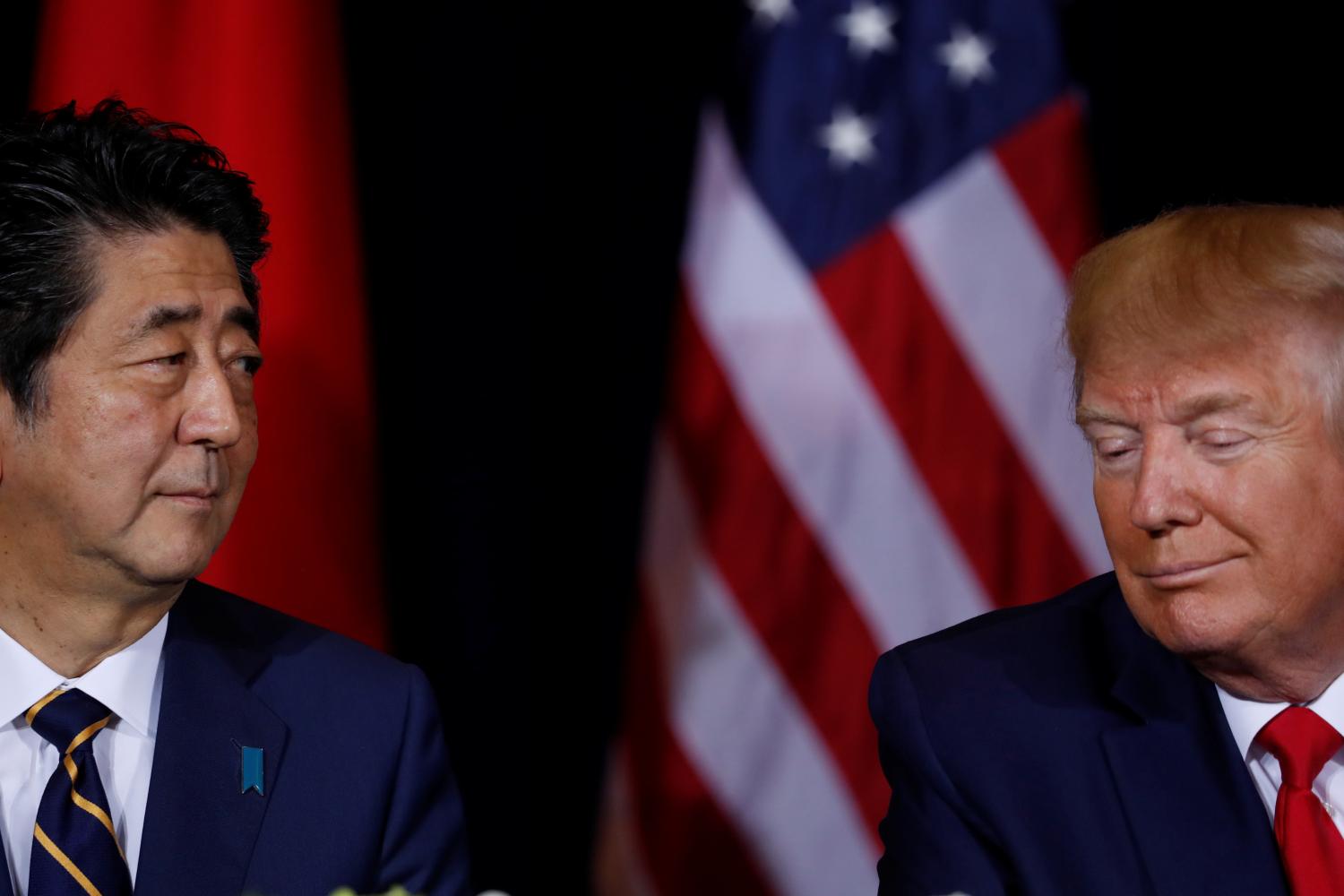 Japan's Prime Minister Shinzo Abe meets with U.S. President Donald Trump on the sidelines of the 74th session of the United Nations General Assembly (UNGA) in New York City, New York, U.S., September 25, 2019.  REUTERS/Jonathan Ernst - RC136BC73A00