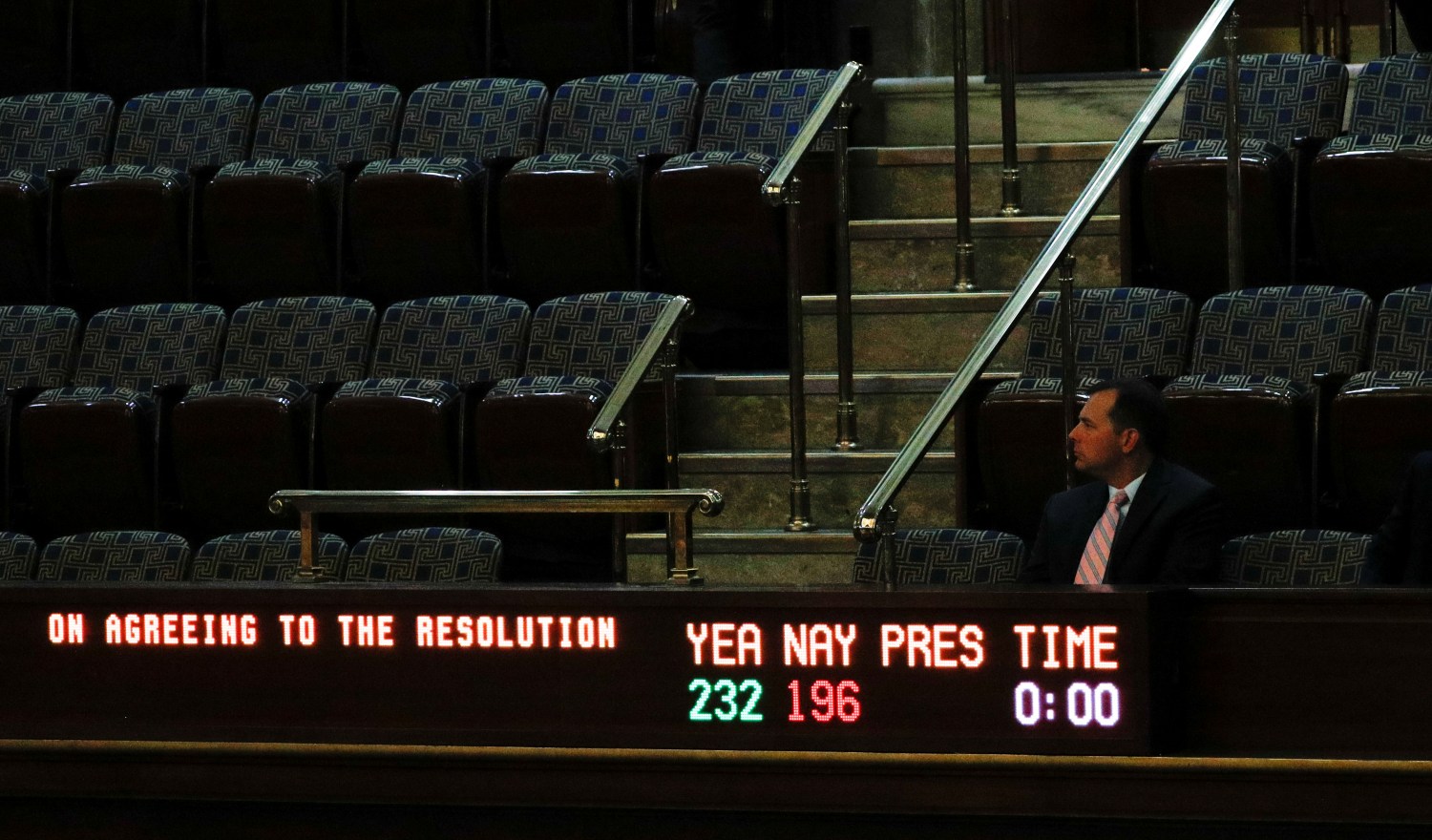 A man sits in the visitors gallery above the floor of the U.S. House of Representatives as a display board shows the final vote tallies of 232 Yea and 196 Nay on a resolution that outlines the next steps in the impeachment inquiry of U.S. President Donald Trump on Capitol Hill in Washington, U.S., October 31, 2019. REUTERS/Tom Brenner - RC1125BB6970
