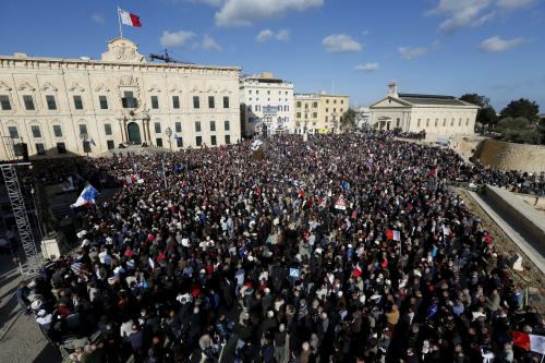 Protesters take part in a demonstration calling on Maltese Prime Minister Joseph Muscat to resign after two members of his government were named in the Panama Papers leak scandal, outside the office of the Prime Minister in Valletta, Malta, April 10, 2016. REUTERS/Darrin Zammit Lupi MALTA OUT. NO COMMERCIAL OR EDITORIAL SALES IN MALTA - GF10000377881