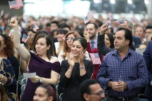 Immigrants are sworn in as new U.S. citizens at a naturalization ceremony in Los Angeles, California, U.S., August 22, 2019. REUTERS/Lucy Nicholson - RC1AFC189020