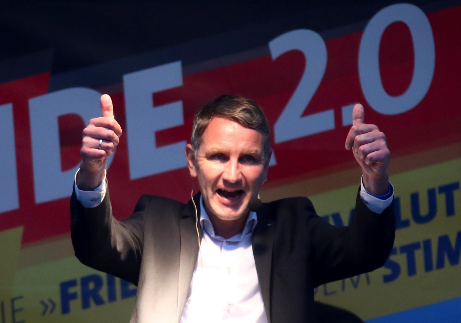 Bjoern Hoecke, AfD party leader and top candidate for Thuringia, gestures during an election campaign rally ahead of the upcoming Thuringia state elections in Gotha, Germany October 23, 2019. REUTERS/Michael Dalder - RC1B97443CB0