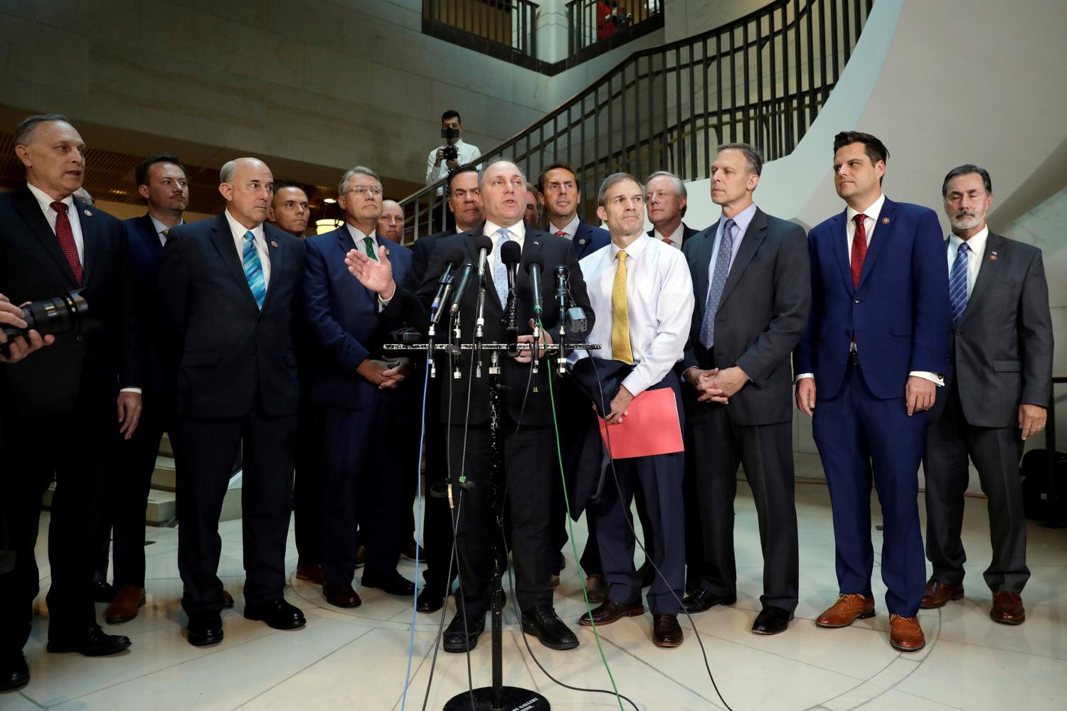 House Minority Whip Steve Scalise (R-LA) with other Republican congressmen speaks to the media outside a secure area as Deputy Assistant Secretary of Defense Laura Cooper testifies in a closed-door deposition as part of the U.S. House of Representatives impeachment inquiry into U.S. President Donald Trump on Capitol Hill in Washington, U.S., October 23, 2019. REUTERS/Yuri Gripas - RC192AB1A240