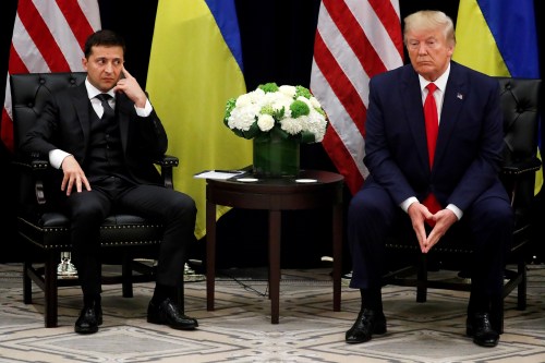 Ukraine's President Volodymyr Zelenskiy listens during a bilateral meeting with U.S. President Donald Trump on the sidelines of the 74th session of the United Nations General Assembly (UNGA) in New York City, New York, U.S., September 25, 2019. REUTERS/Jonathan Ernst     TPX IMAGES OF THE DAY - RC1C2AA07D00