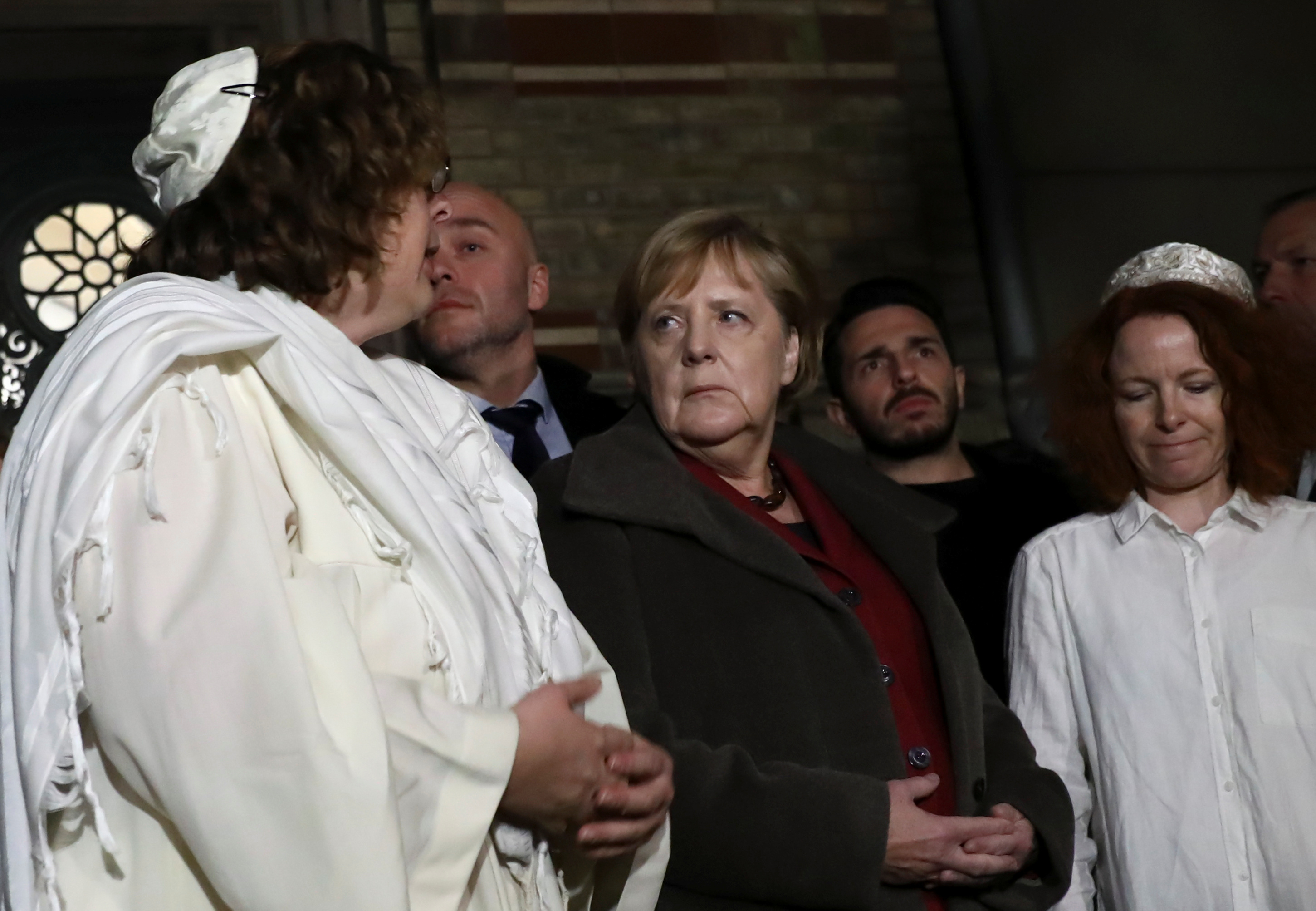 German Chancellor Angela Merkel visits Berlin's New Synagogue on October 9, 2019, after Halle synagogue shooting. (Christian Mang/Reuters)