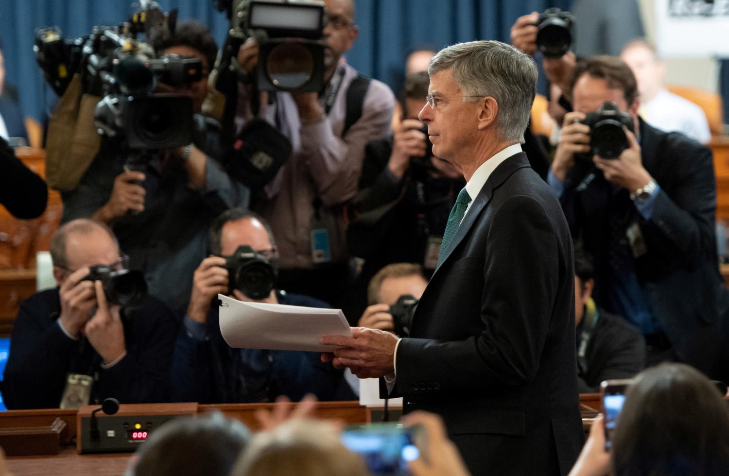 Ukrainian Ambassador William Taylor arrives to testify during the first public hearings held by the House Permanent Select Committee on Intelligence as part of the impeachment inquiry into U.S. President Donald Trump, on Capitol Hill in Washington, DC, U.S., November 13, 2019.    Saul Loeb/Pool via REUTERS - RC2FAD9CUGIG