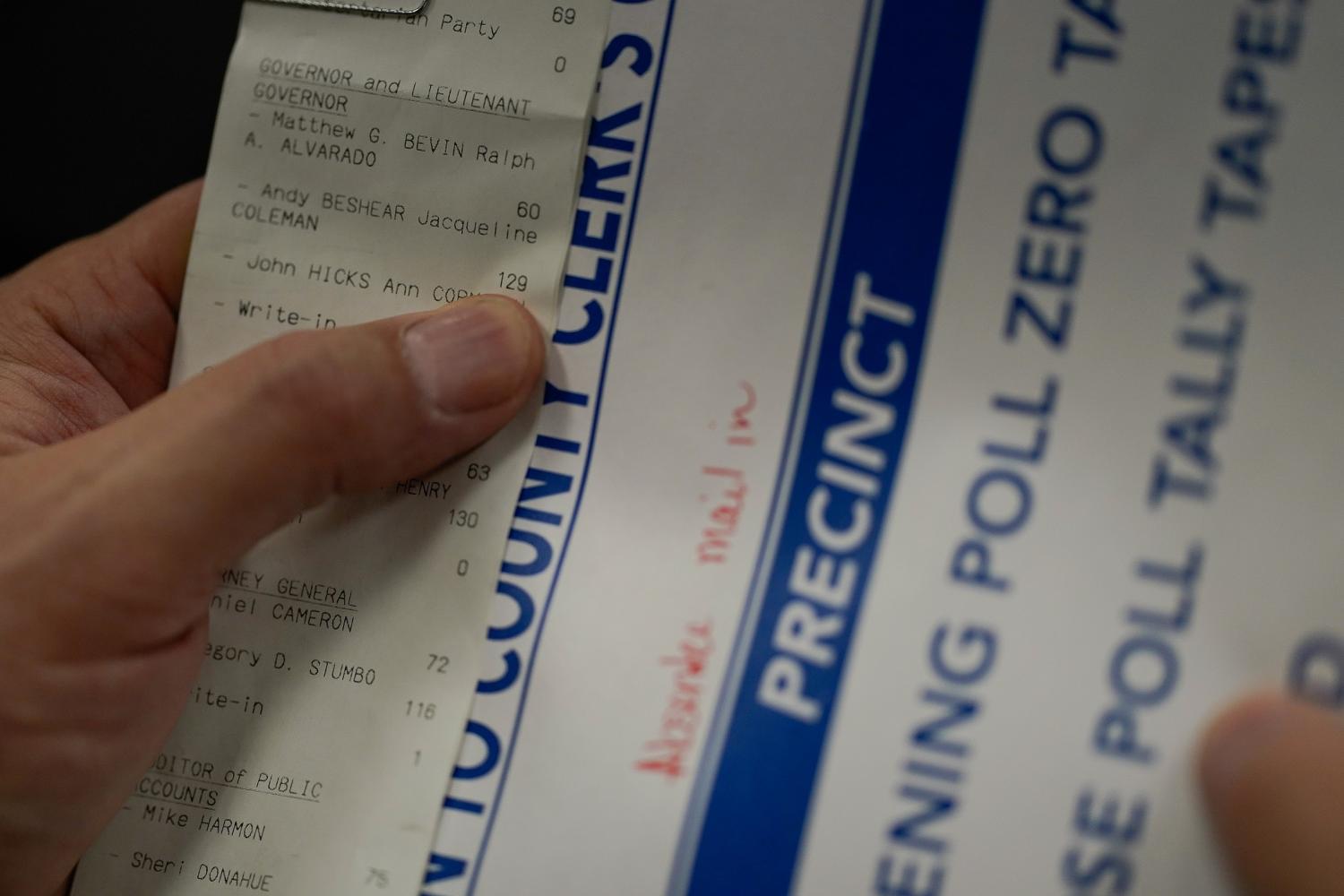 Vote totals are reported by county elections board members during a recanvassing of votes at the Oldham County Clerks Office in La Grange, Kentucky, U.S., November 14, 2019. REUTERS/Bryan Woolston - RC23BD9THXNQ