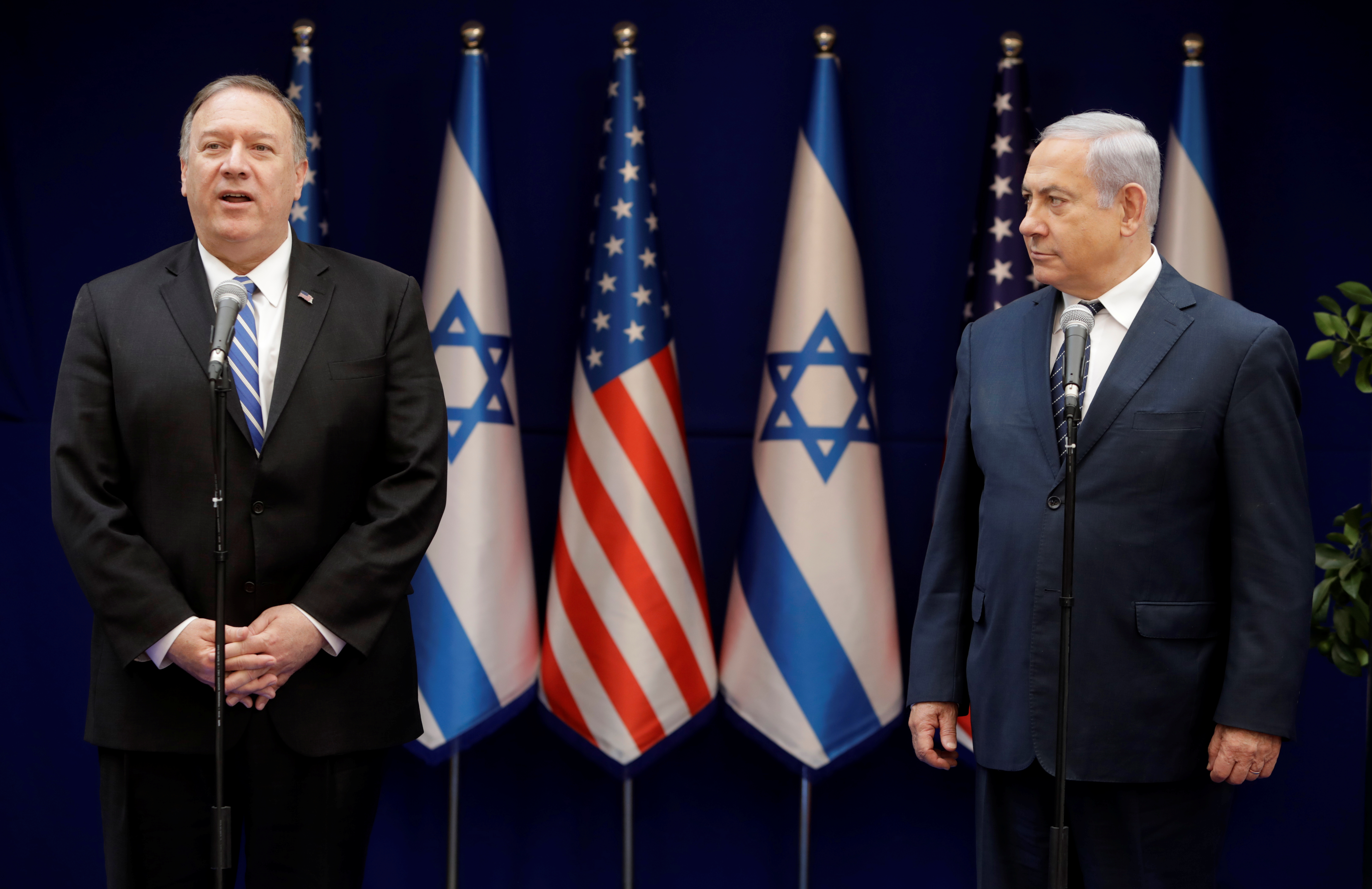 U.S. Secretary of State Mike Pompeo and Israeli Prime Minister Benjamin Netanyahu attend a meeting in Jerusalem, Friday, October 18, 2019. Sebastian Scheiner/Pool via REUTERS *** Local Caption *** - RC15280D3A20