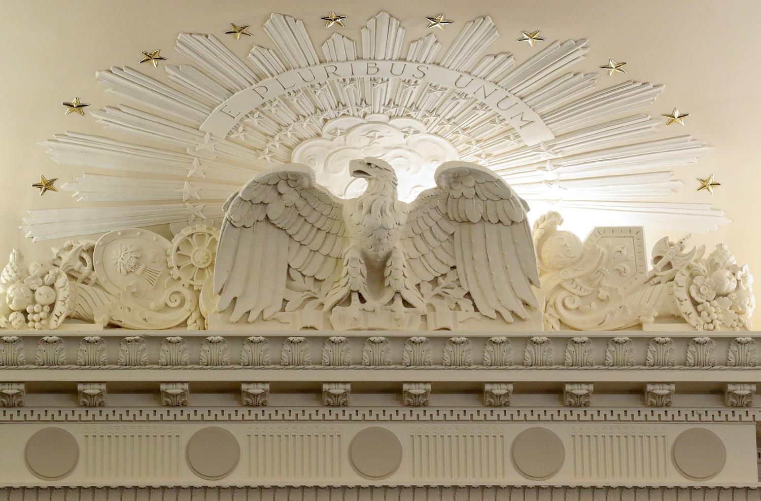 A frieze of an American Eagle is seen during a House Judiciary Committee hearing on the impeachment inquiry into U.S. President Donald Trump in the Longworth House Office Building on Capitol Hill in Washington, U.S., December 4, 2019. REUTERS/Jonathan Ernst - RC2MOD9A4T41