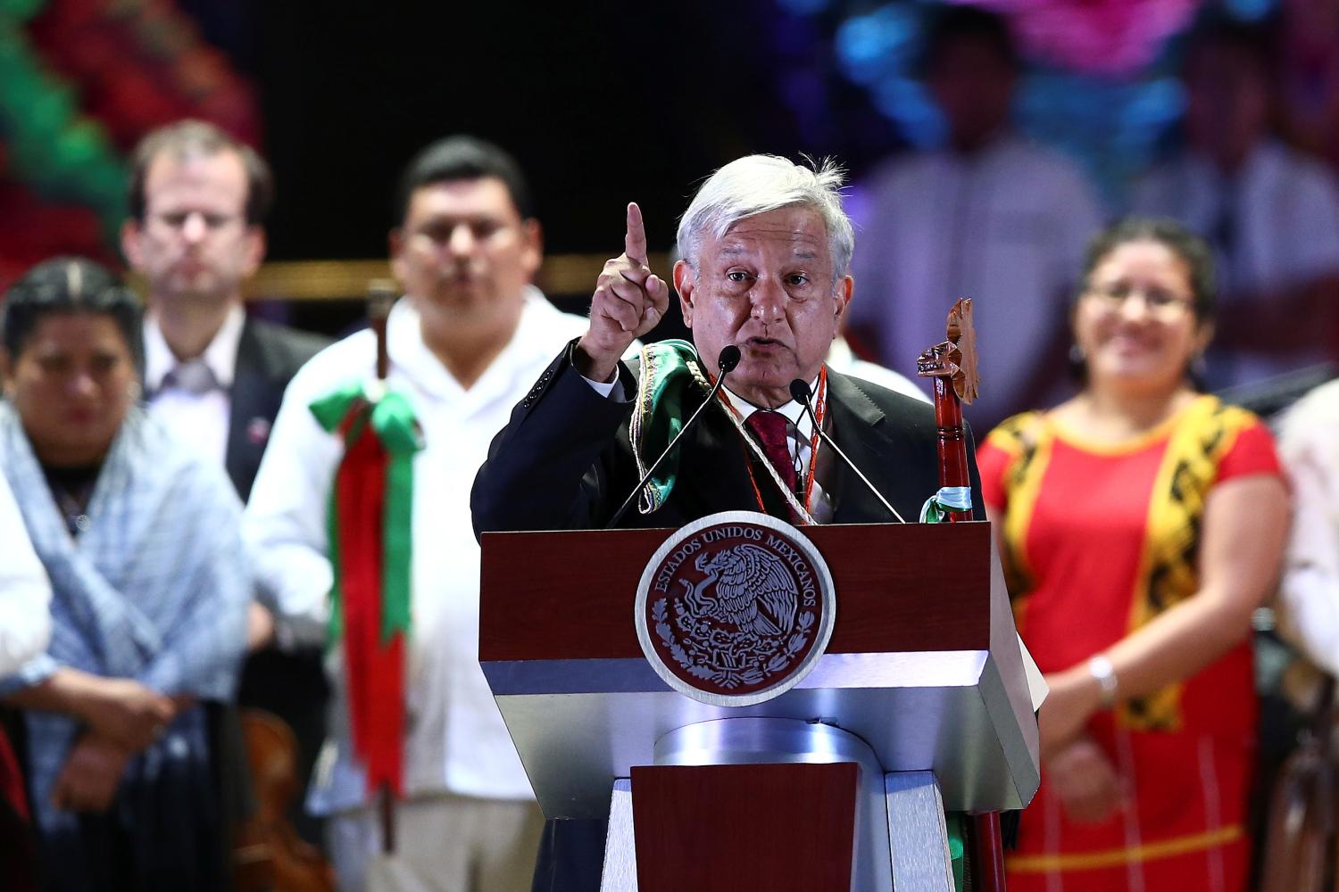 Mexico's President Andres Manuel Lopez Obrador addresses supporters after receiving the staff of command from indigenous people during the AMLO Fest at Zocalo square in Mexico City, Mexico December 1, 2018. Picture taken December 1, 2018. REUTERS/Edgard Garrido